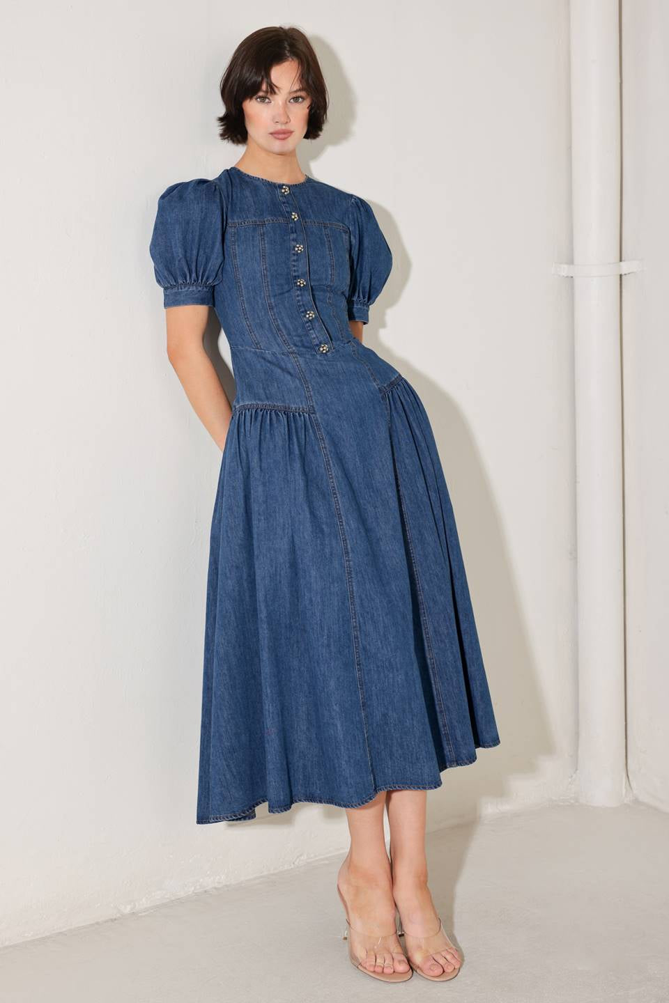 WASHED DENIM MIDI DRESS