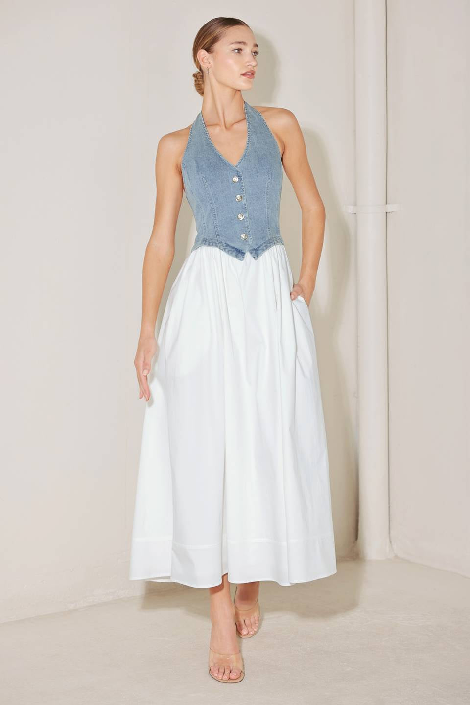 WOVEN VEST SKIRT COMBO MIDI DRESS