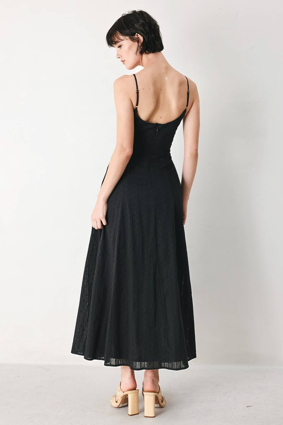 SWISS POLKA DOT SOLID WOVEN MIDI DRESS