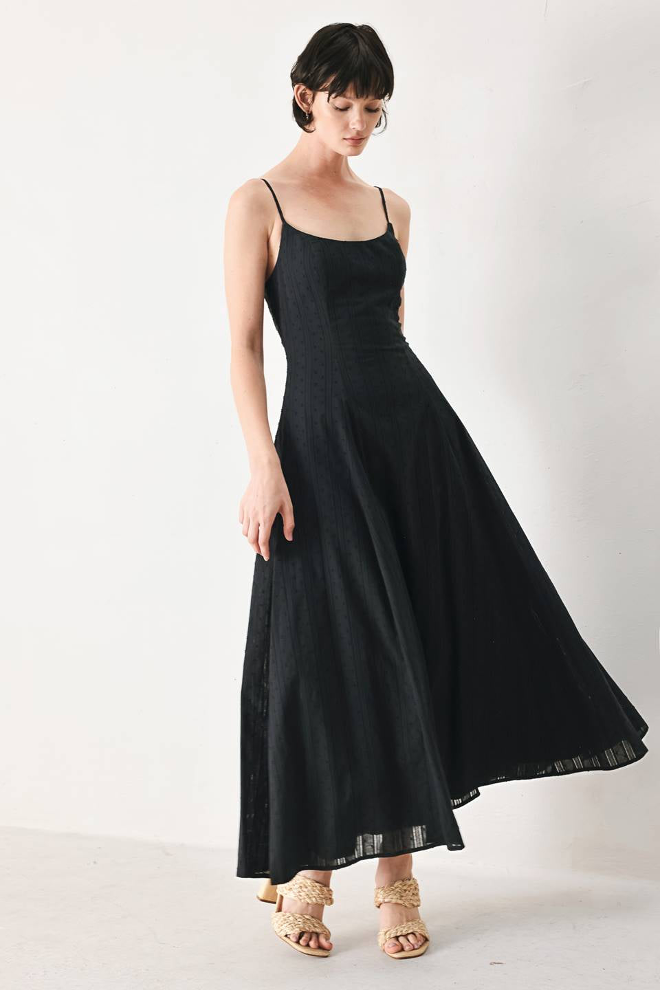 SWISS POLKA DOT SOLID WOVEN MIDI DRESS