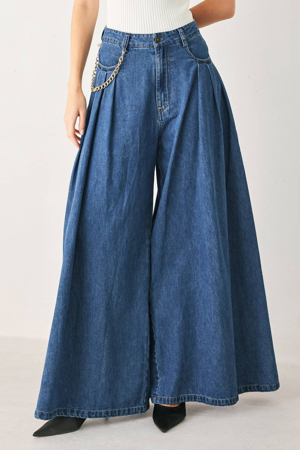 WASHED DENIM EXTRA WIDE LEG PANTS
