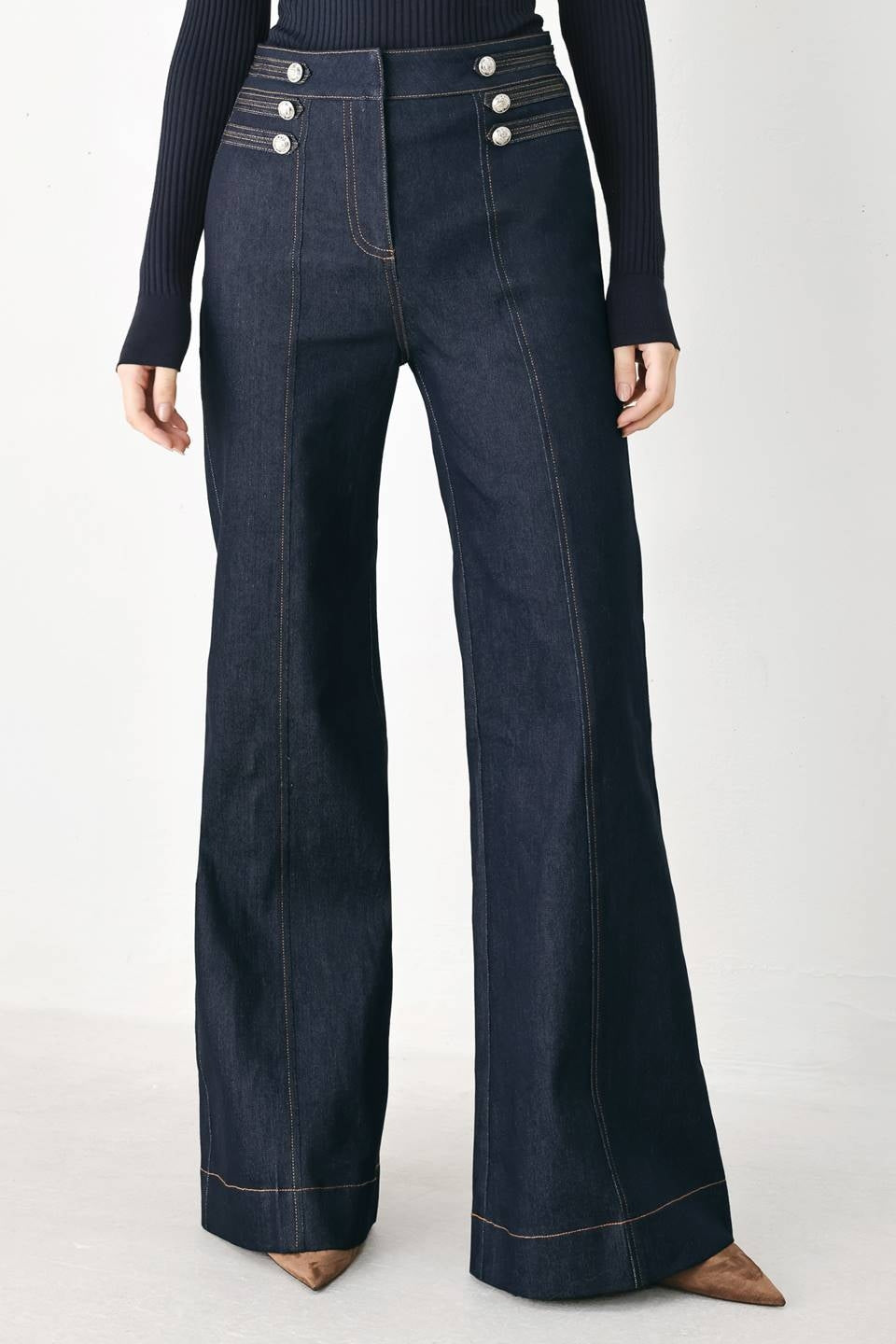 DENIM FLARE LEG PANTS