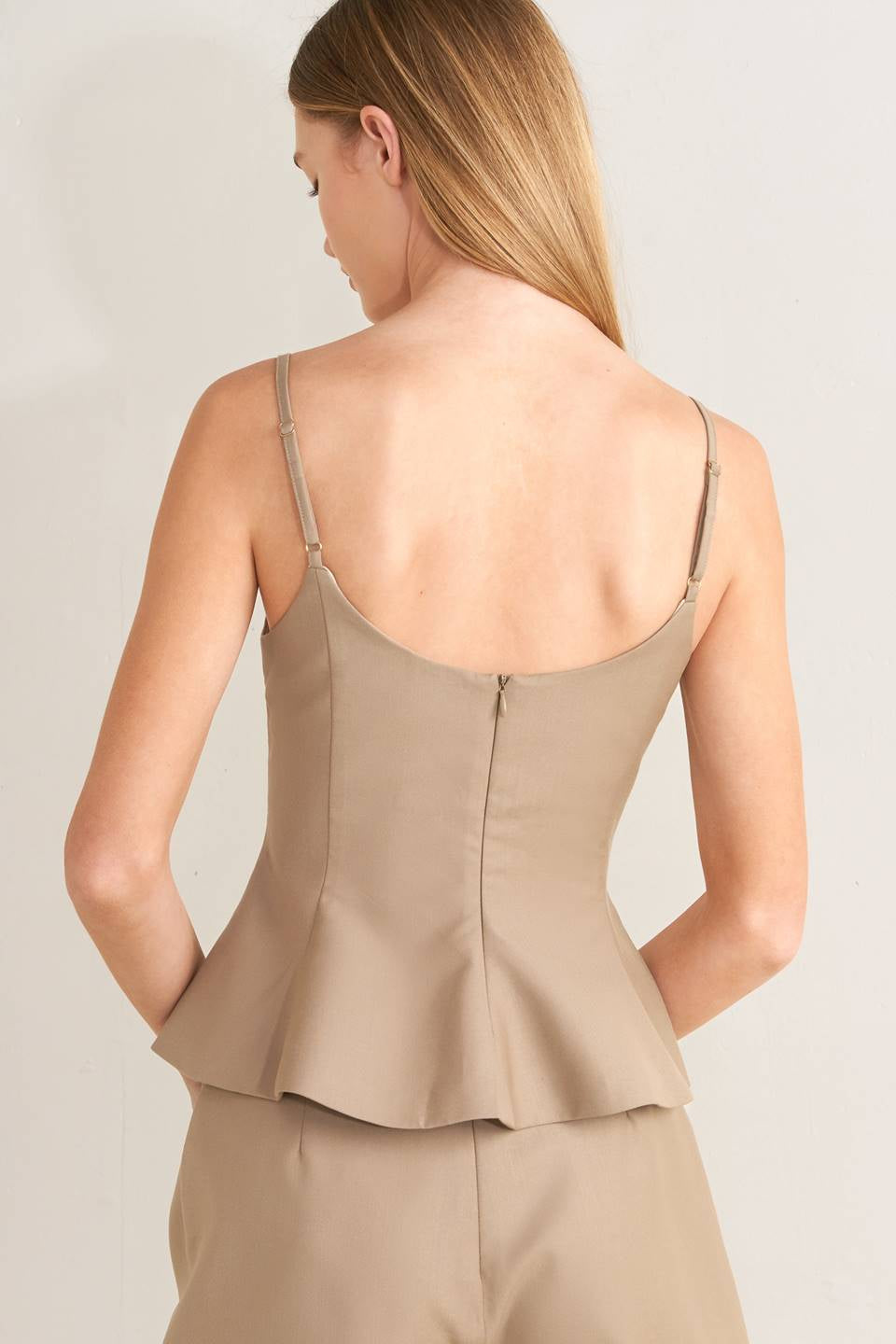 SOLID WOVEN CAMI PEPLUM TOP