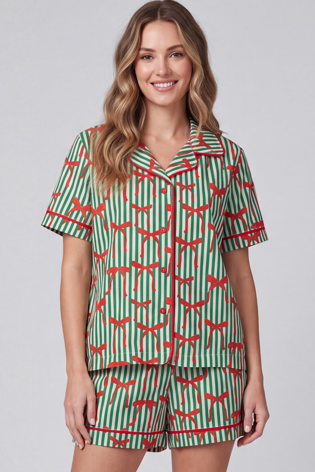 WOVEN PRINT SHORT SLEEVE TOP AND SHORTS PAJAMA SET