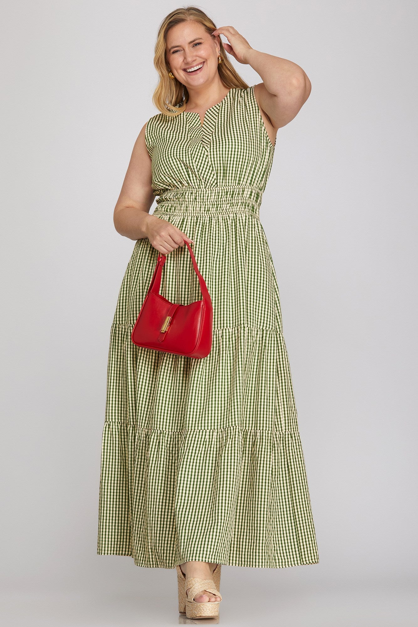 PLUS - WOVEN GINGHAM TIERED MAXI DRESS