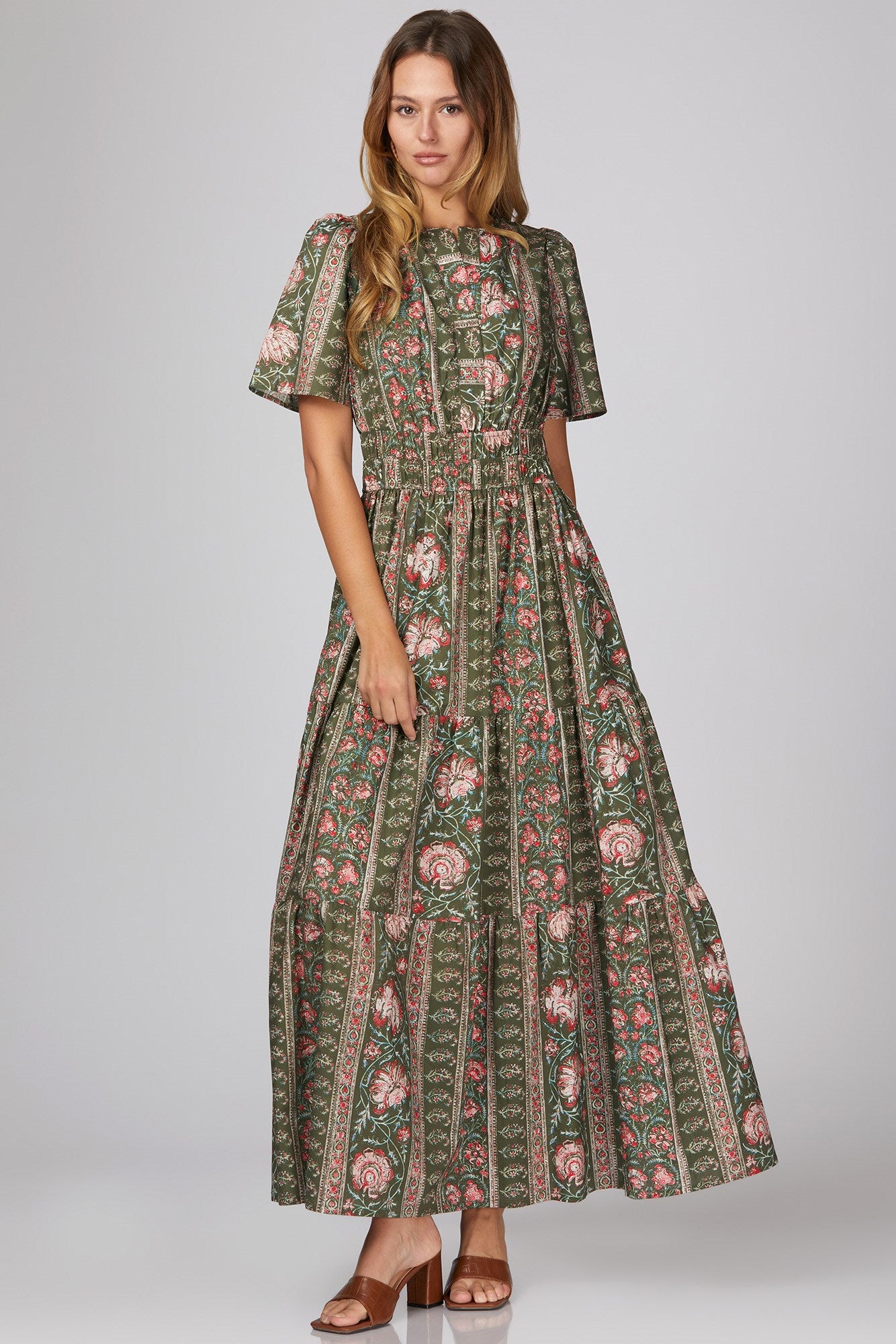 WOVEN PRINT TIERED MAXI DRESS