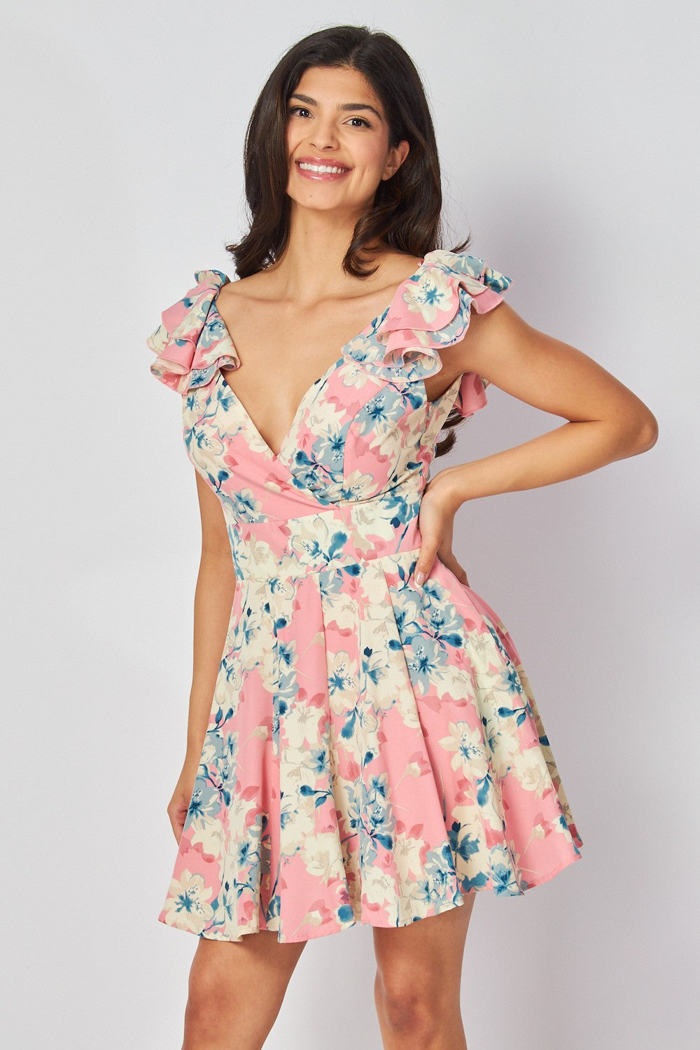 FLORAL PRINTED SHORT RUFFLE SLEEVE MINI DRESS