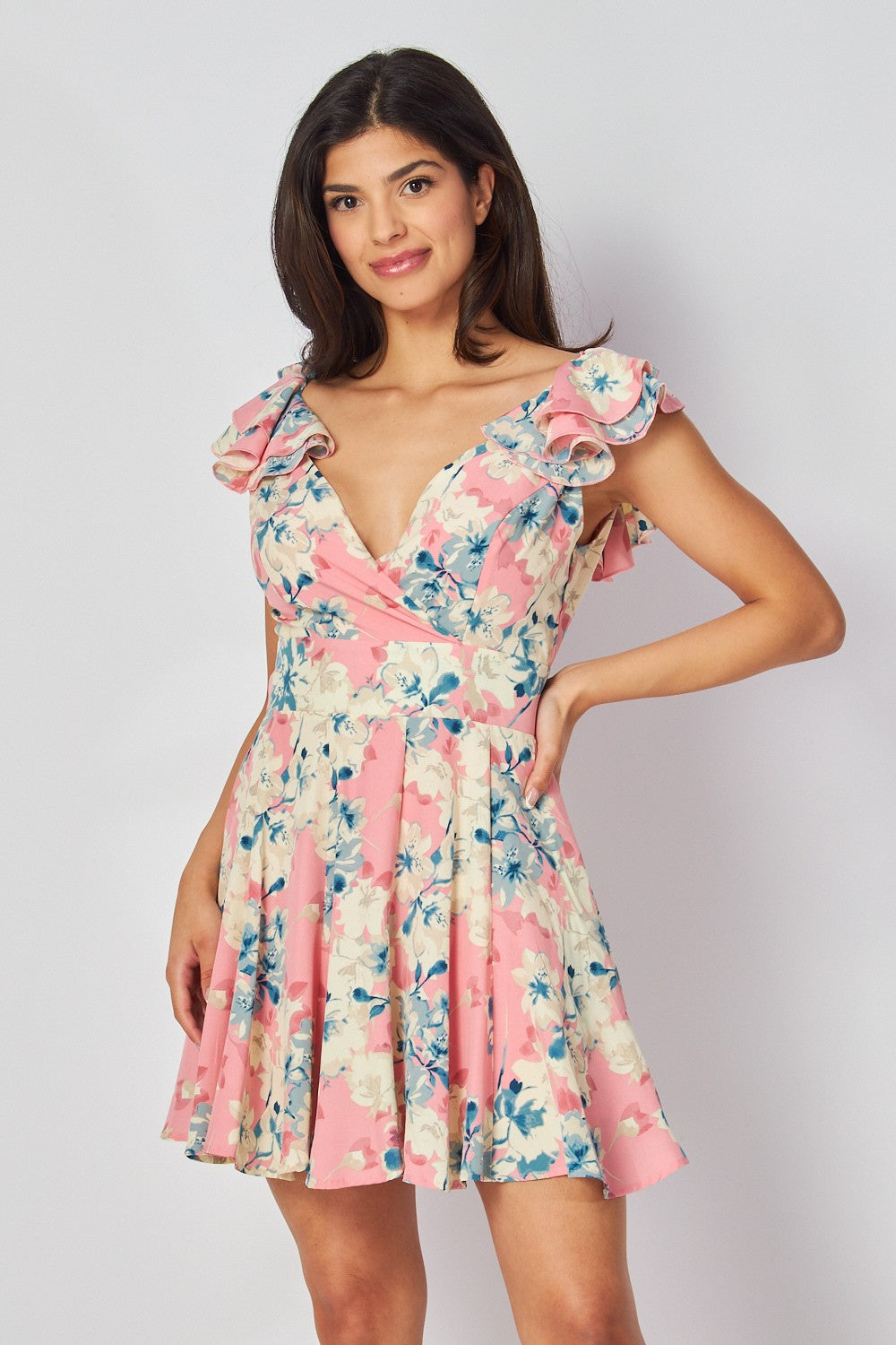 FLORAL PRINTED SHORT RUFFLE SLEEVE MINI DRESS