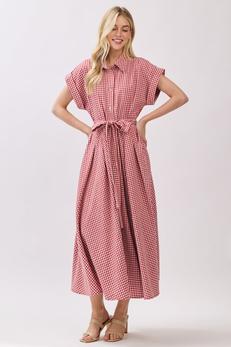 WOVEN CHECKER PRINTED BUTTON DOWN MIDI DRESS