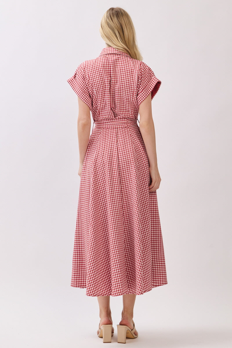 WOVEN CHECKER PRINTED BUTTON DOWN MIDI DRESS