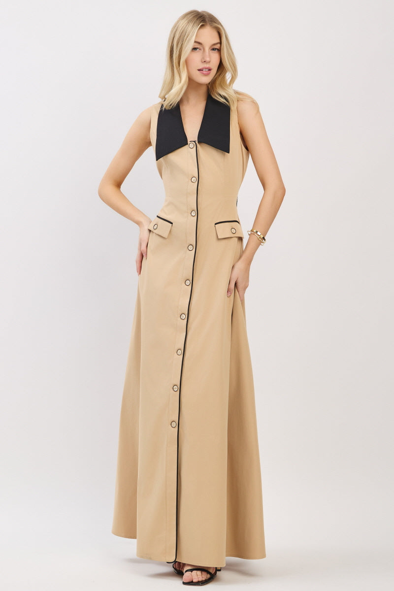 SOLID WOVEN BUTTON UP MAXI DRESS