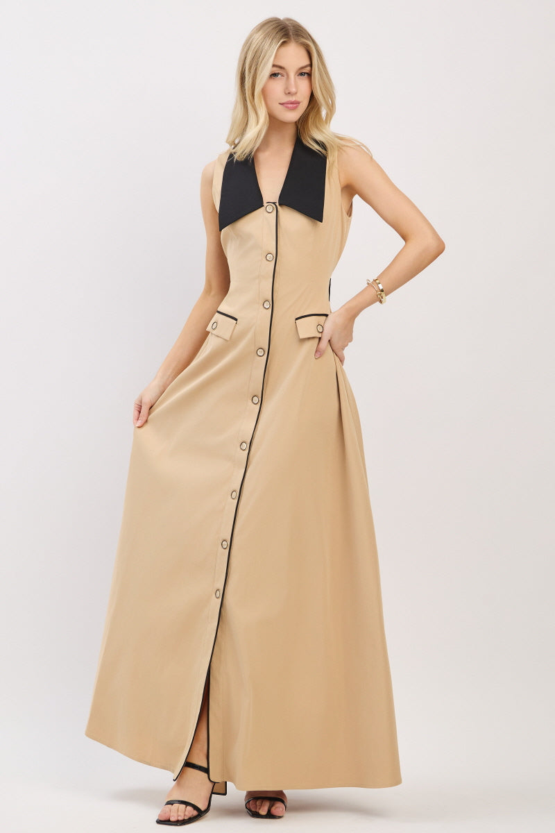 SOLID WOVEN BUTTON UP MAXI DRESS