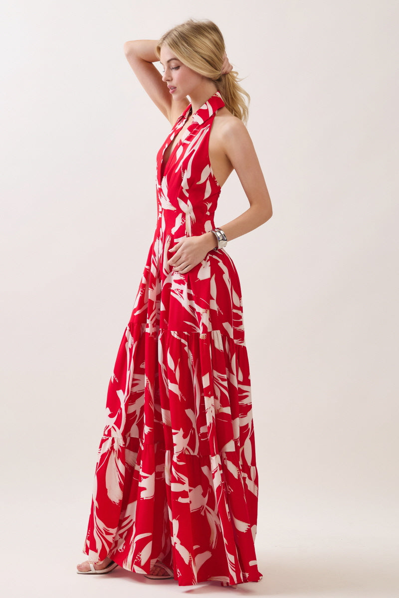 PRINTED WOVEN BUTTON DOWN HALTER MAXI DRESS