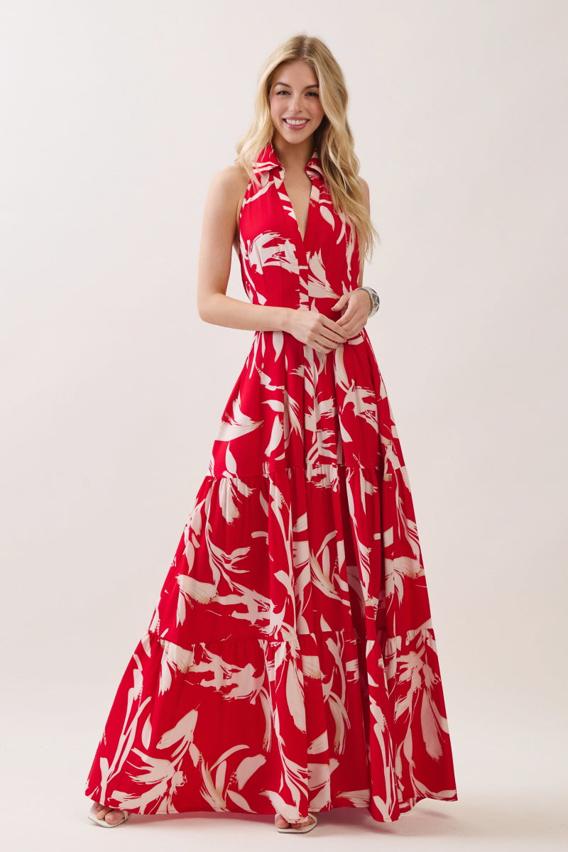 PRINTED WOVEN BUTTON DOWN HALTER MAXI DRESS