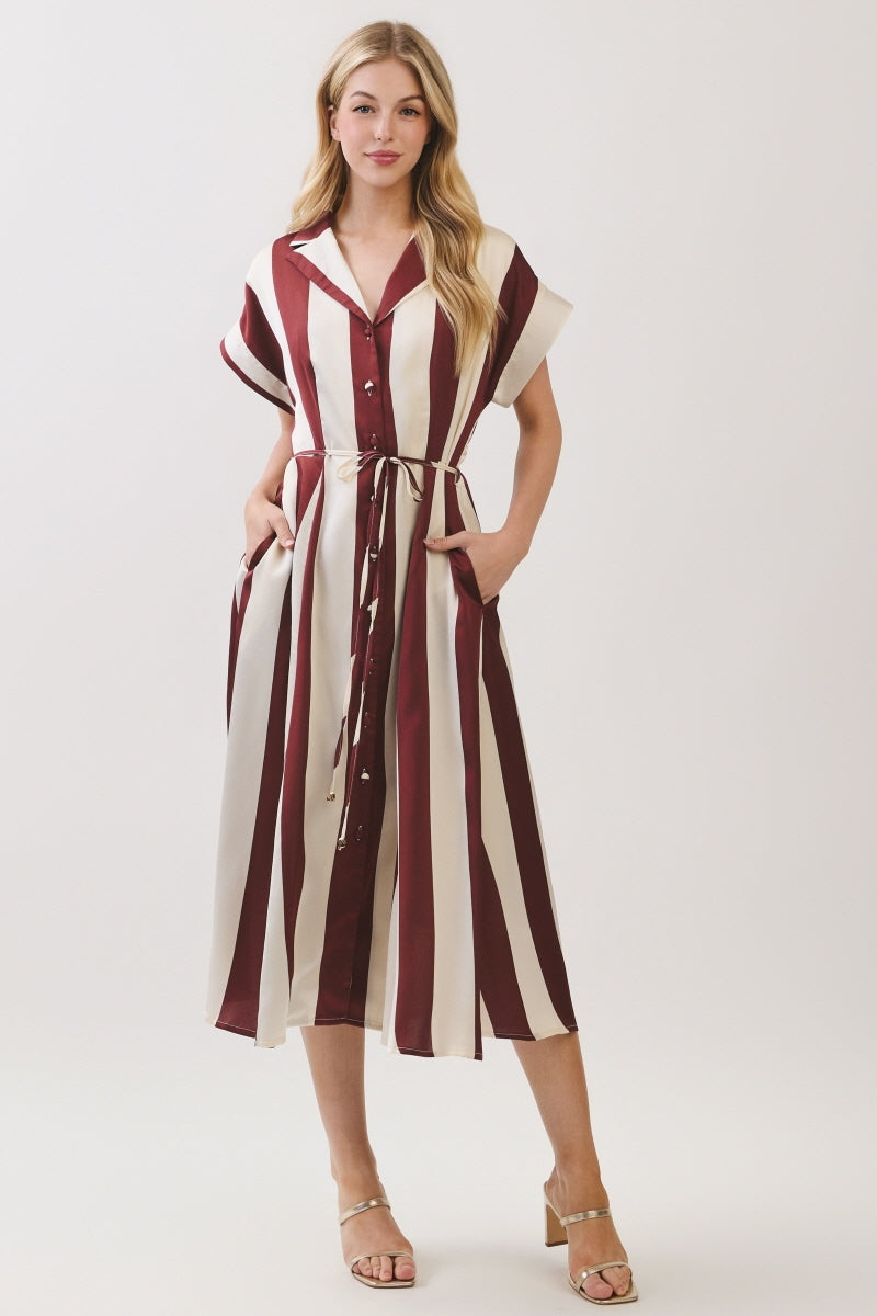 STRIPED WOVEN BUTTON DOWN MIDI DRESS