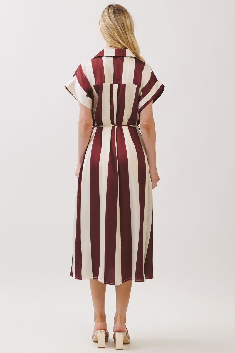 STRIPED WOVEN BUTTON DOWN MIDI DRESS