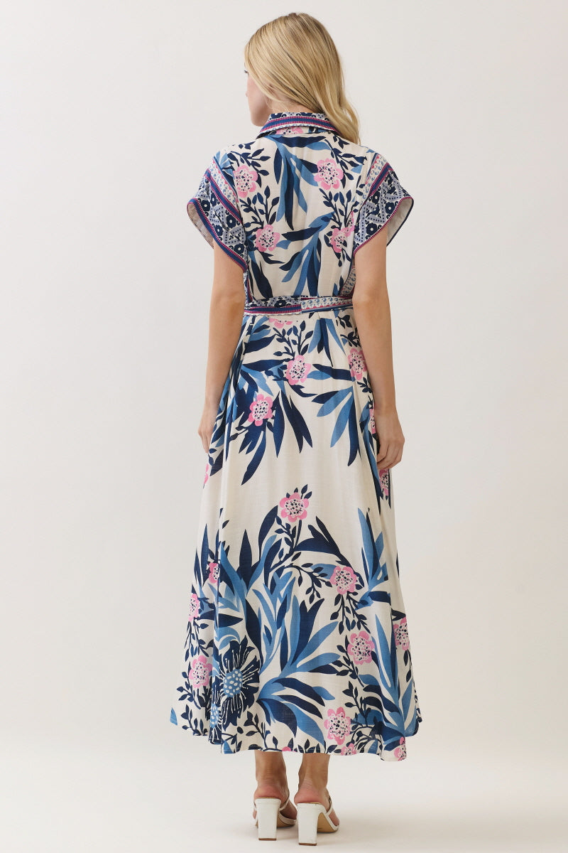 WOVEN FLORAL BOARDER PRINTED MIDI DRESS