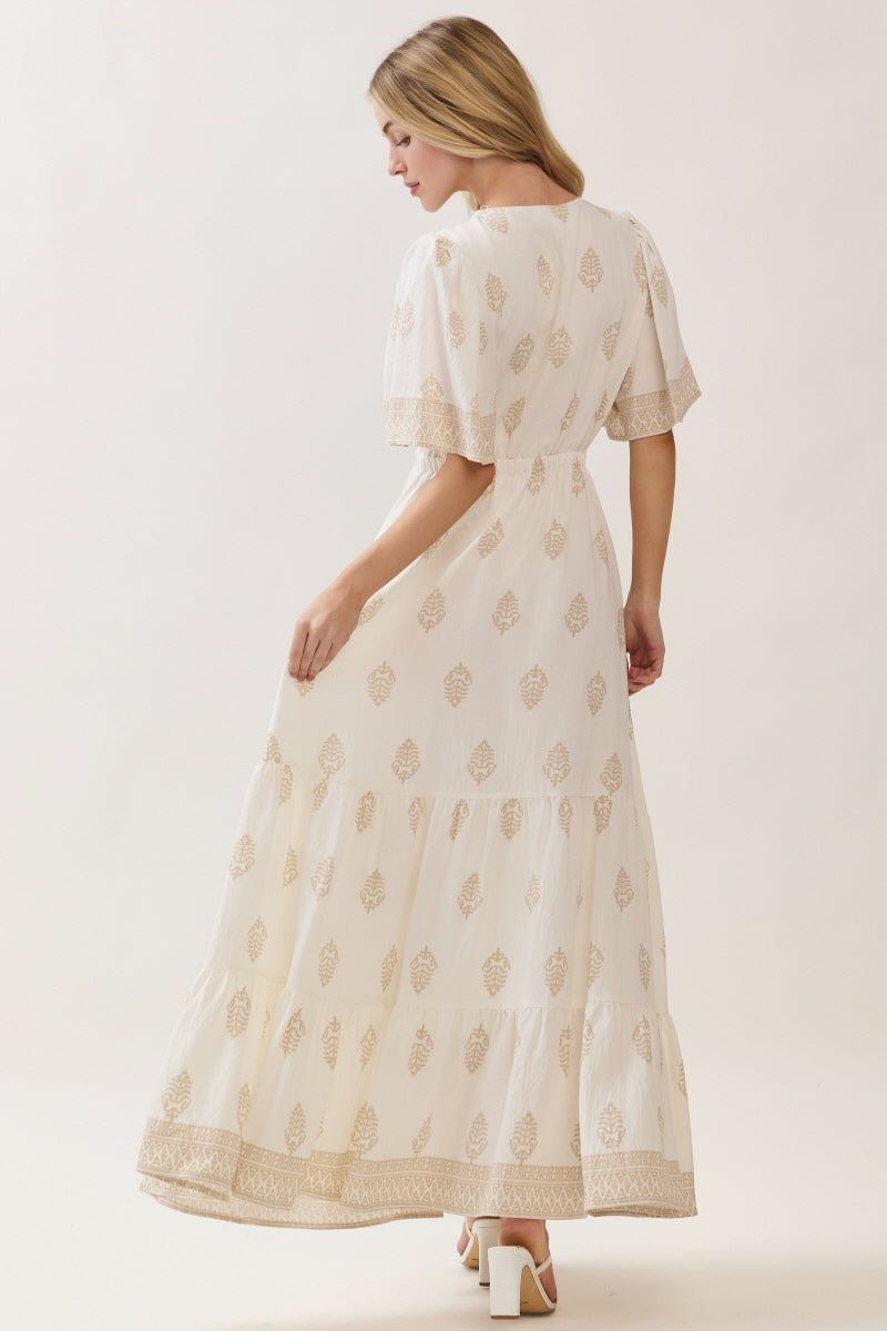 WOVEN DAMASK BOARDER PRINTED MAXI DRESS