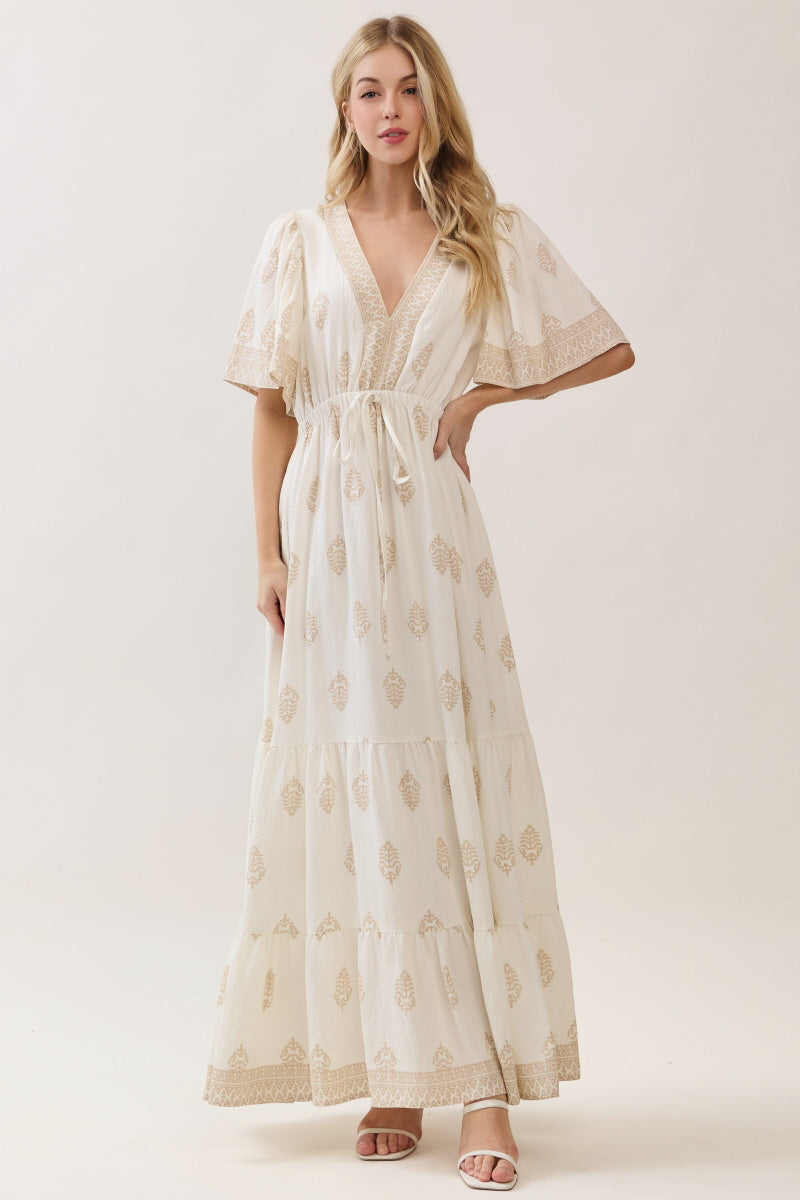 WOVEN DAMASK BOARDER PRINTED MAXI DRESS
