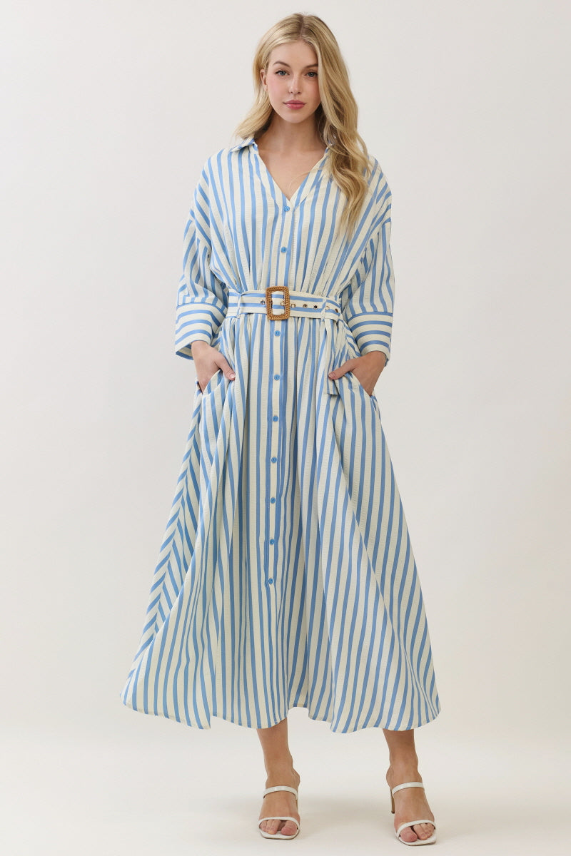 STRIPED WOVEN TEXTURED BUTTON DOWN MAXI DRESS