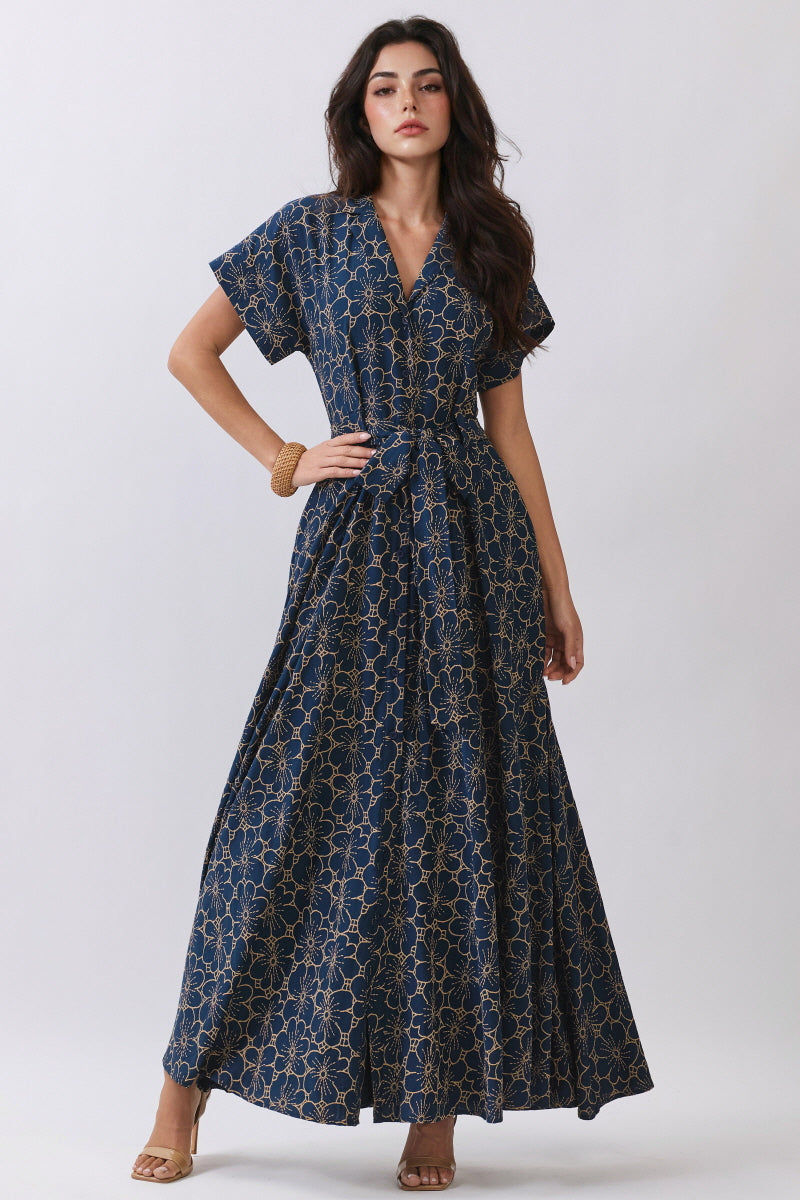 FLORAL FLOCKING PRINTED BUTTON DOWN MAXI DRESS