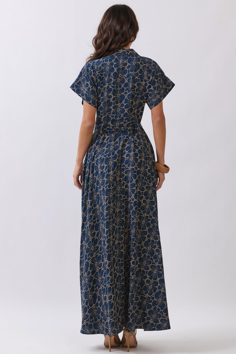 FLORAL FLOCKING PRINTED BUTTON DOWN MAXI DRESS