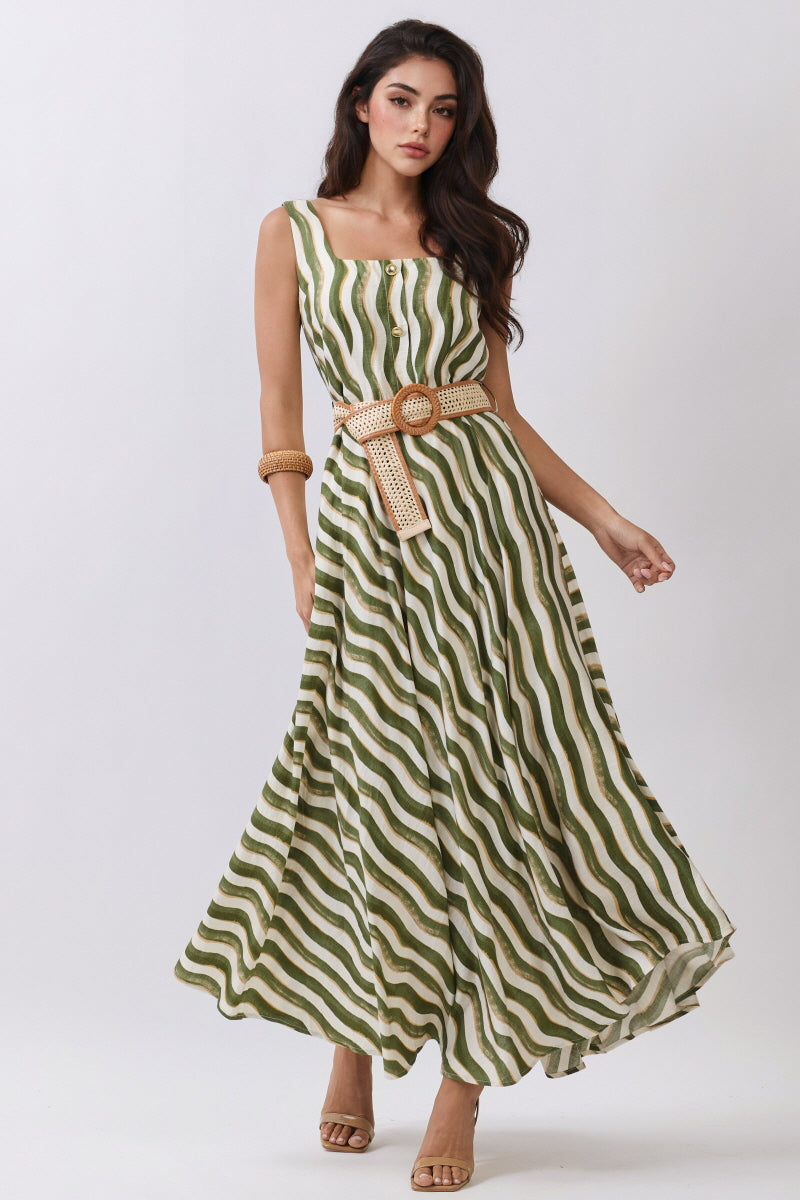 WAVE PRINTED STRIPE MAXI DRESS
