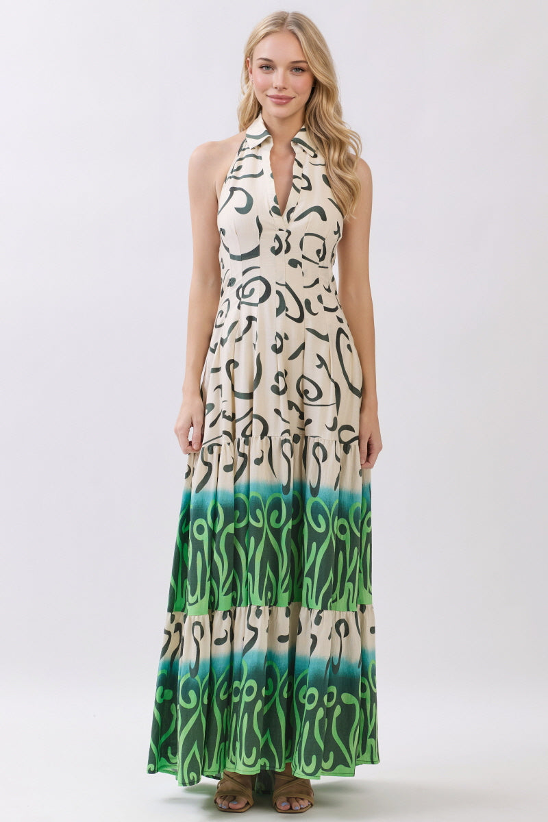 BOARDER PRINTED WOVEN HALTER MAXI DRESS