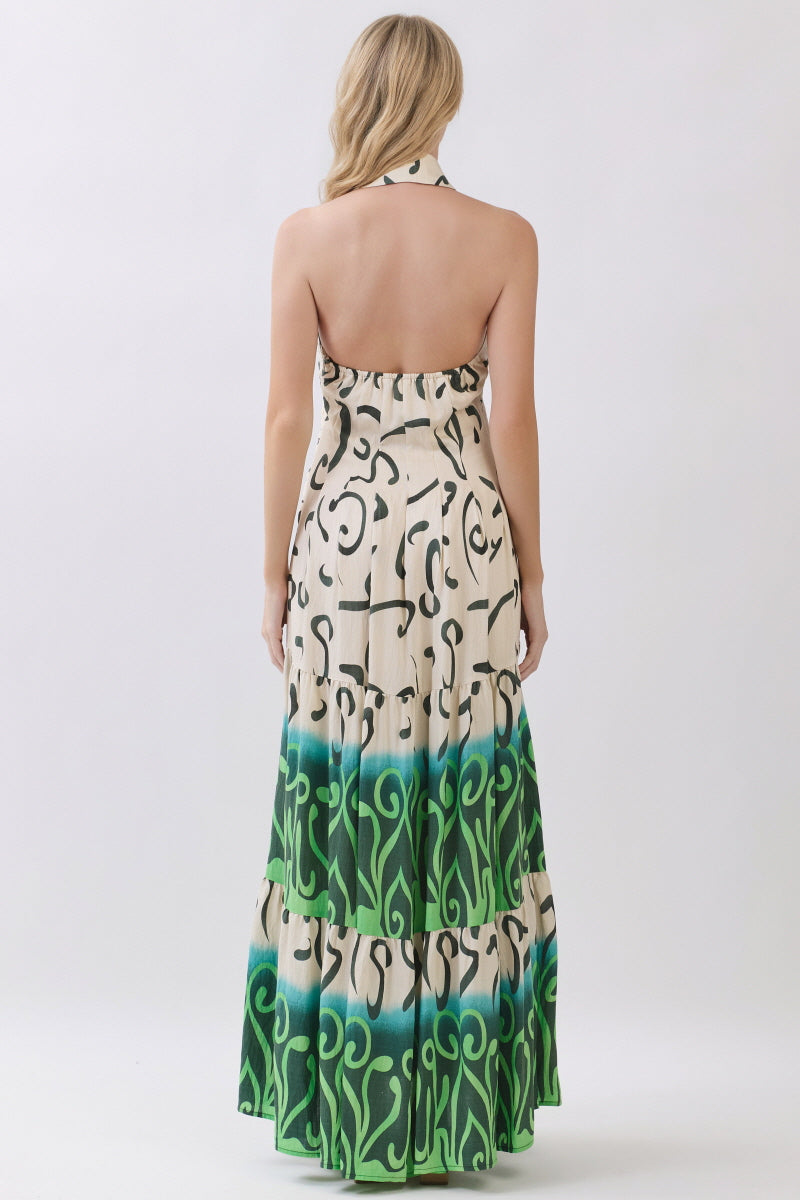 BOARDER PRINTED WOVEN HALTER MAXI DRESS