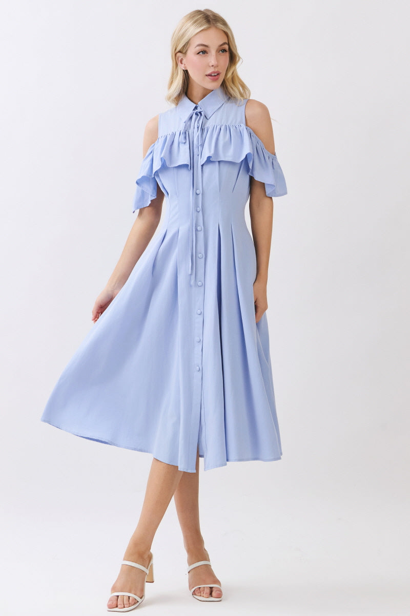 SOLID WOVEN BUTTON DOWN MIDI DRESS