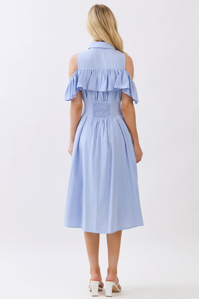 SOLID WOVEN BUTTON DOWN MIDI DRESS