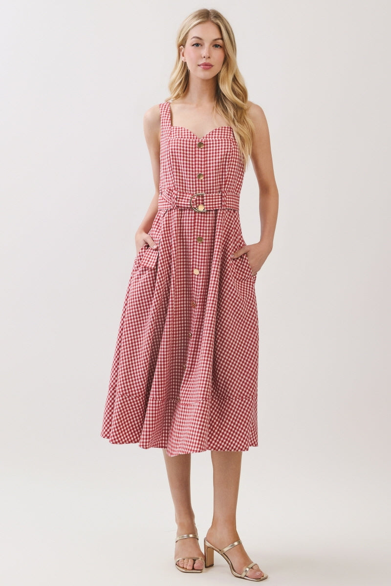 GINGHAM PRINTED WOVEN BUTTON DOWN MIDI DRESS