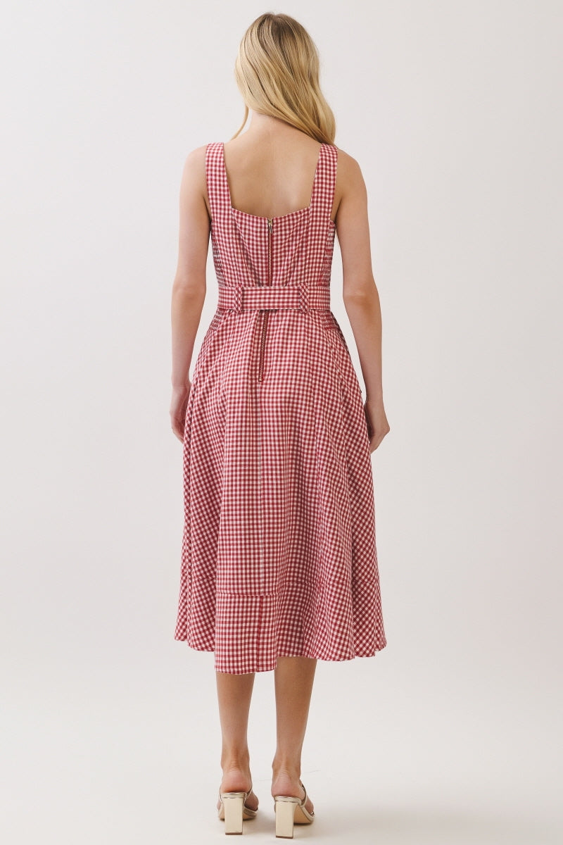 GINGHAM PRINTED WOVEN BUTTON DOWN MIDI DRESS