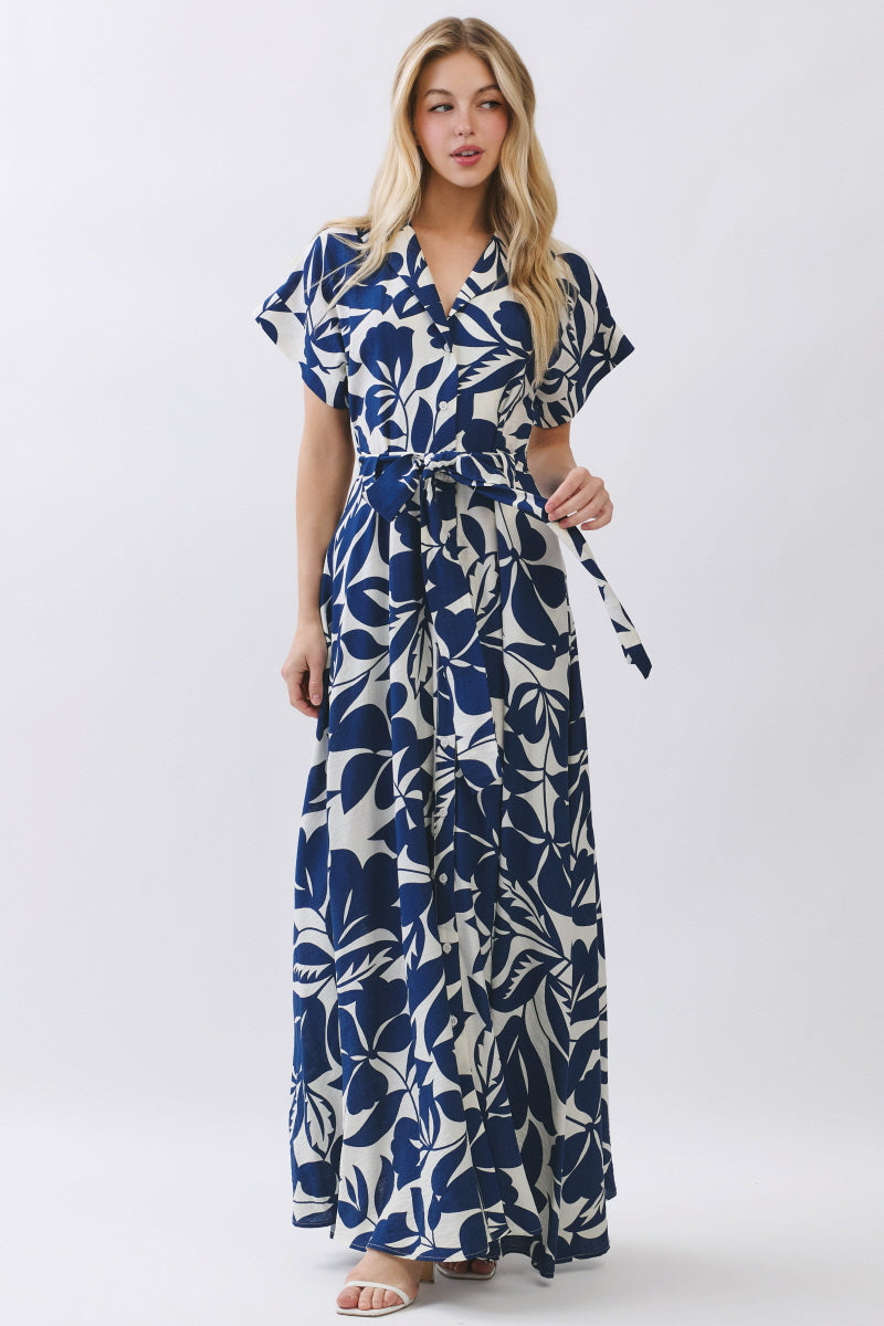 LEAF PRINTED WOVEN BUTTON DOWN MAXI DRESS