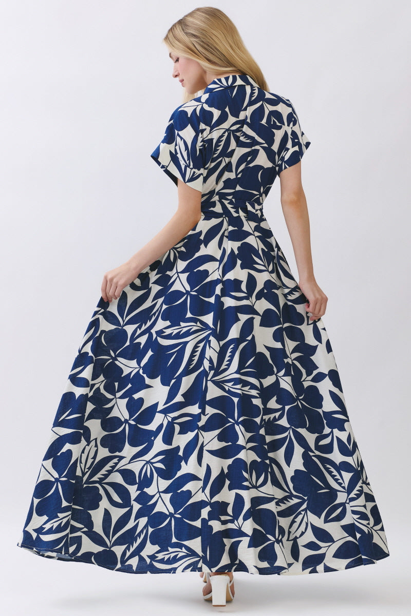 LEAF PRINTED WOVEN BUTTON DOWN MAXI DRESS