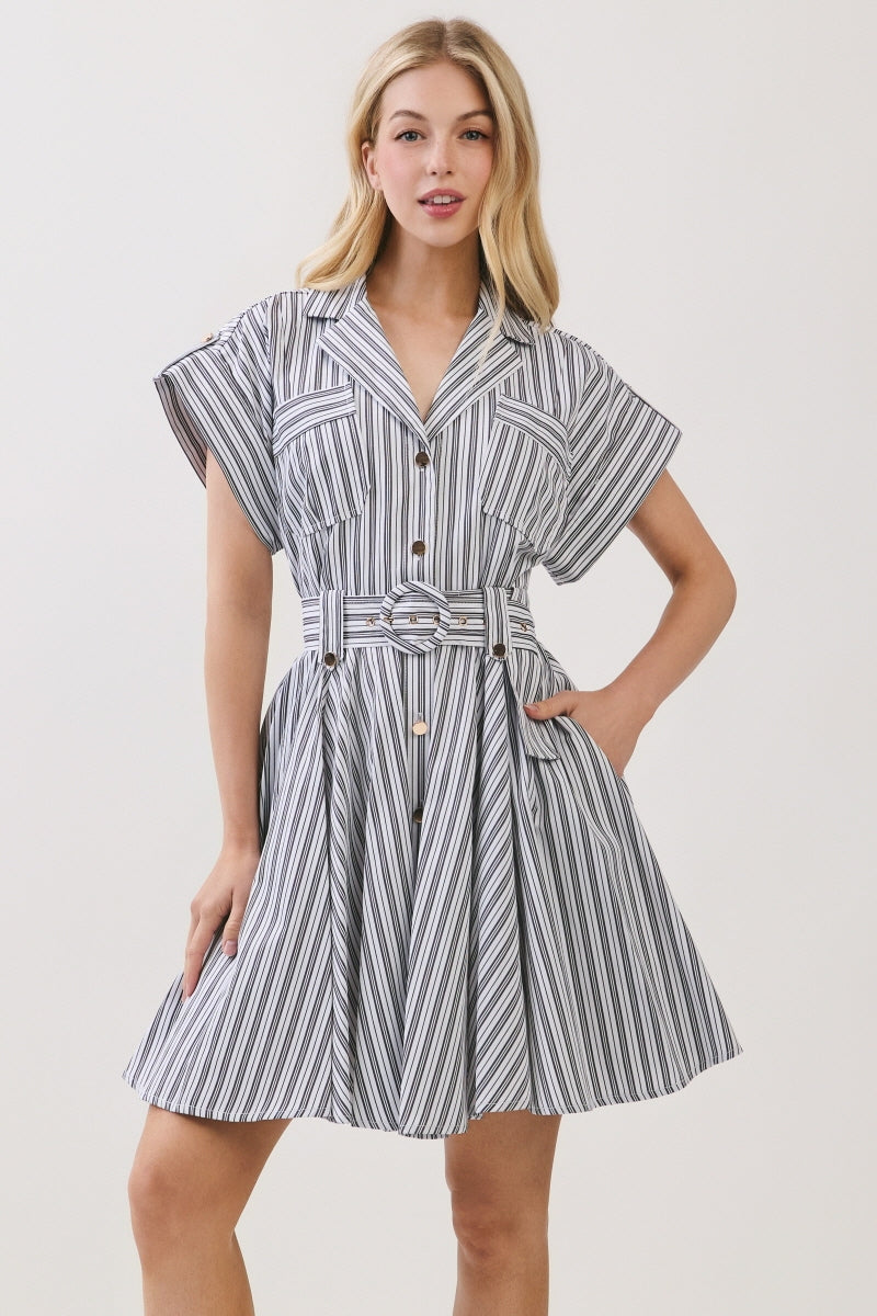 STRIPED WOVEN BUTTON DOWN MINI DRESS