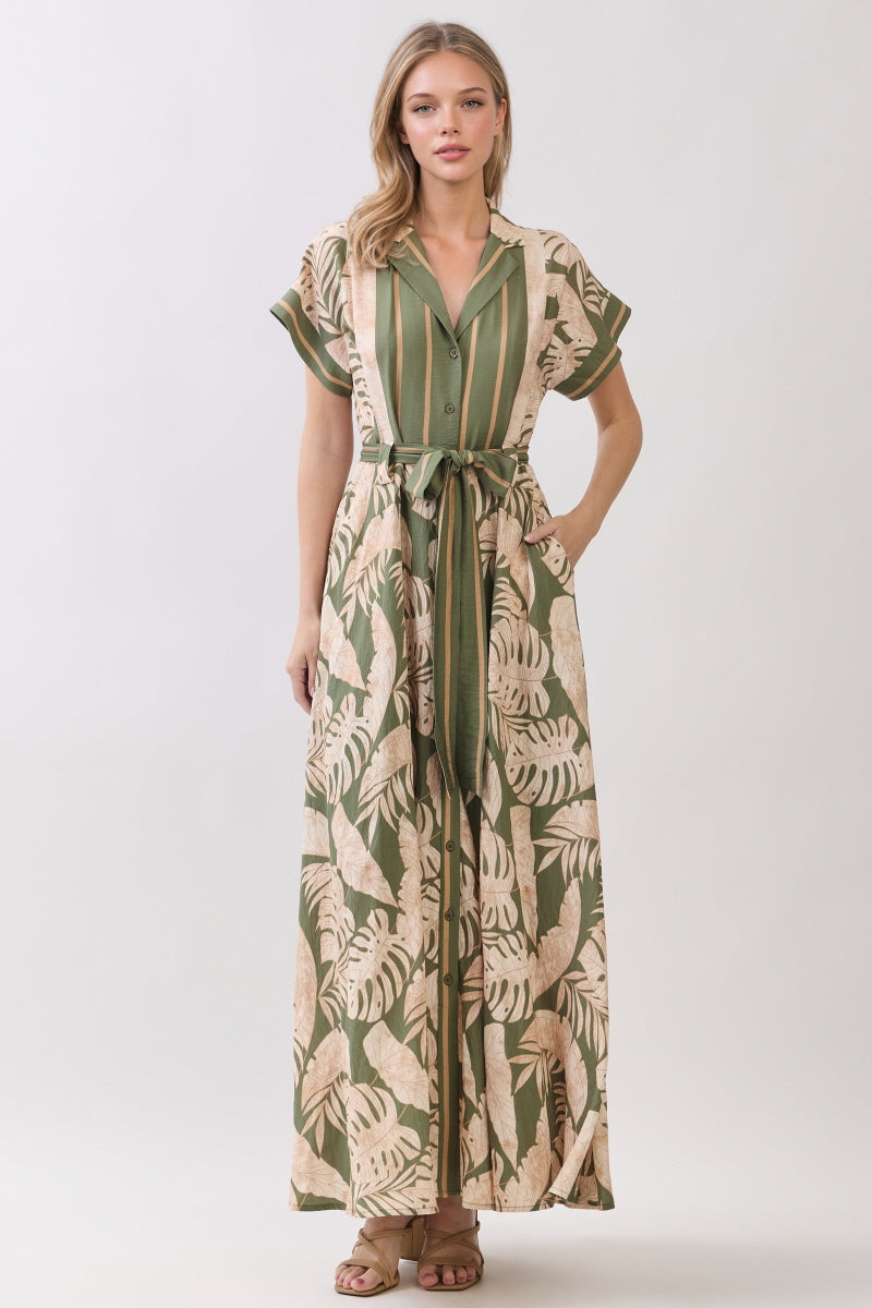 PALM BOARDER PRINTED BUTTON DOWN MAXI DRESS