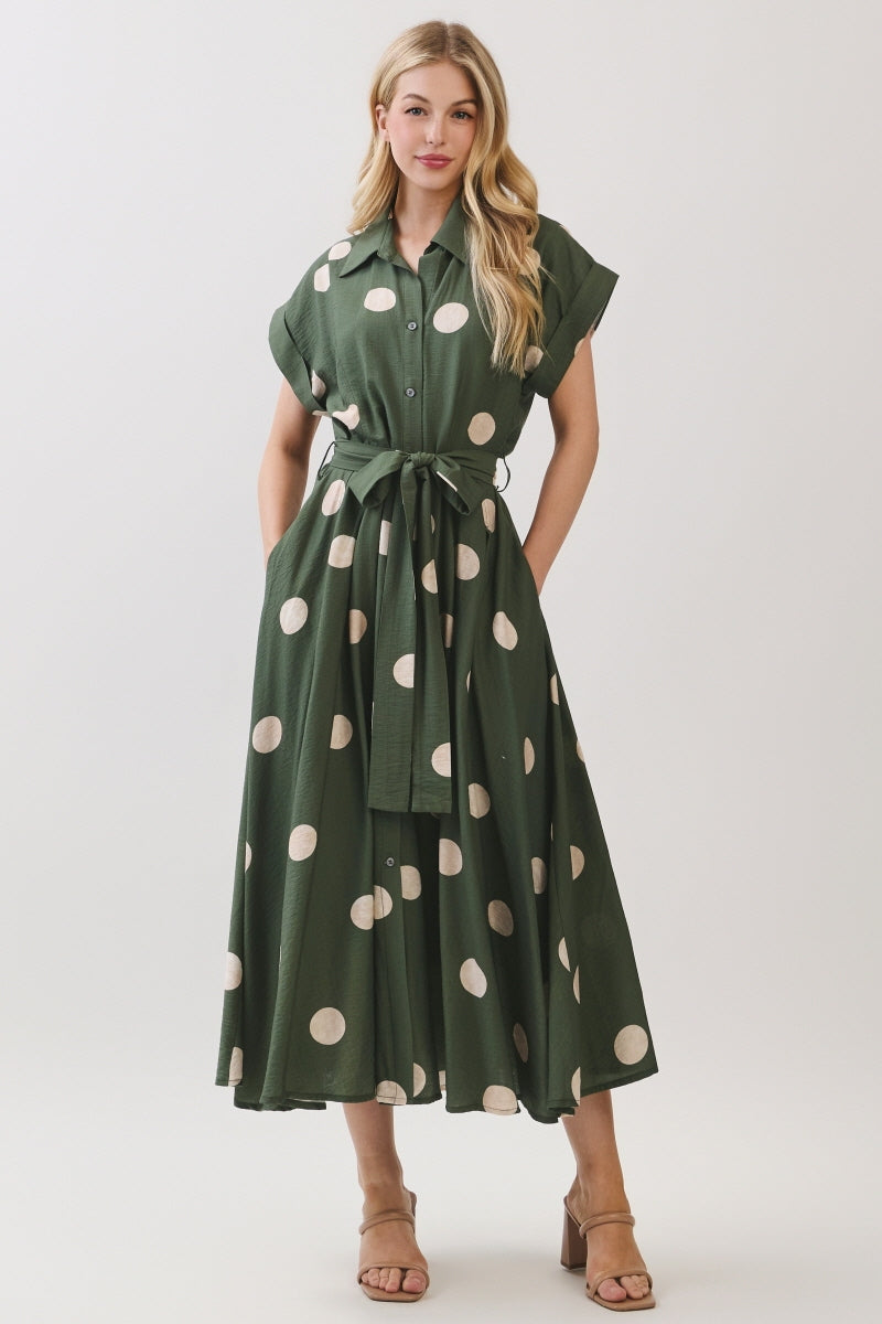 BIG POLKA DOT PRINTED BUTTON DOWN MIDI DRESS