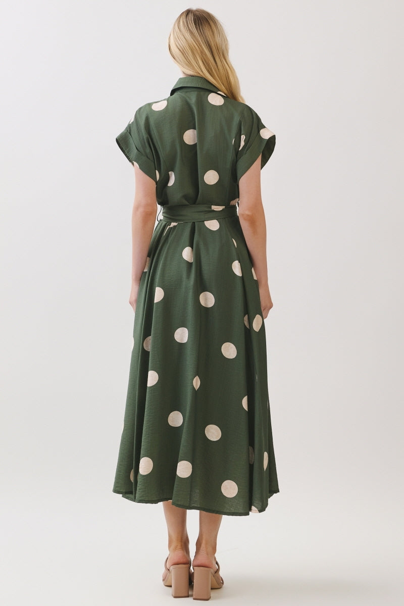 BIG POLKA DOT PRINTED BUTTON DOWN MIDI DRESS
