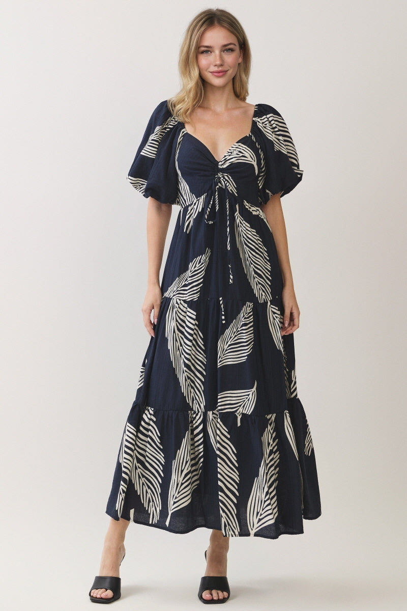 BIG PALM PRINTED TIERED MIDI DRESS