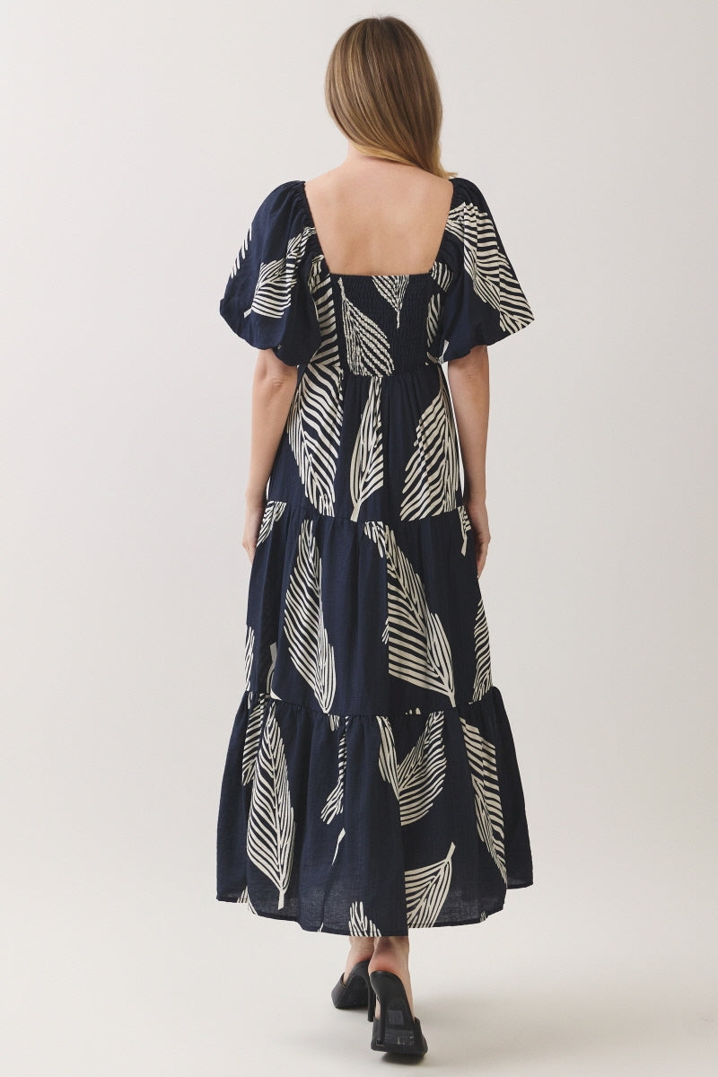 BIG PALM PRINTED TIERED MIDI DRESS
