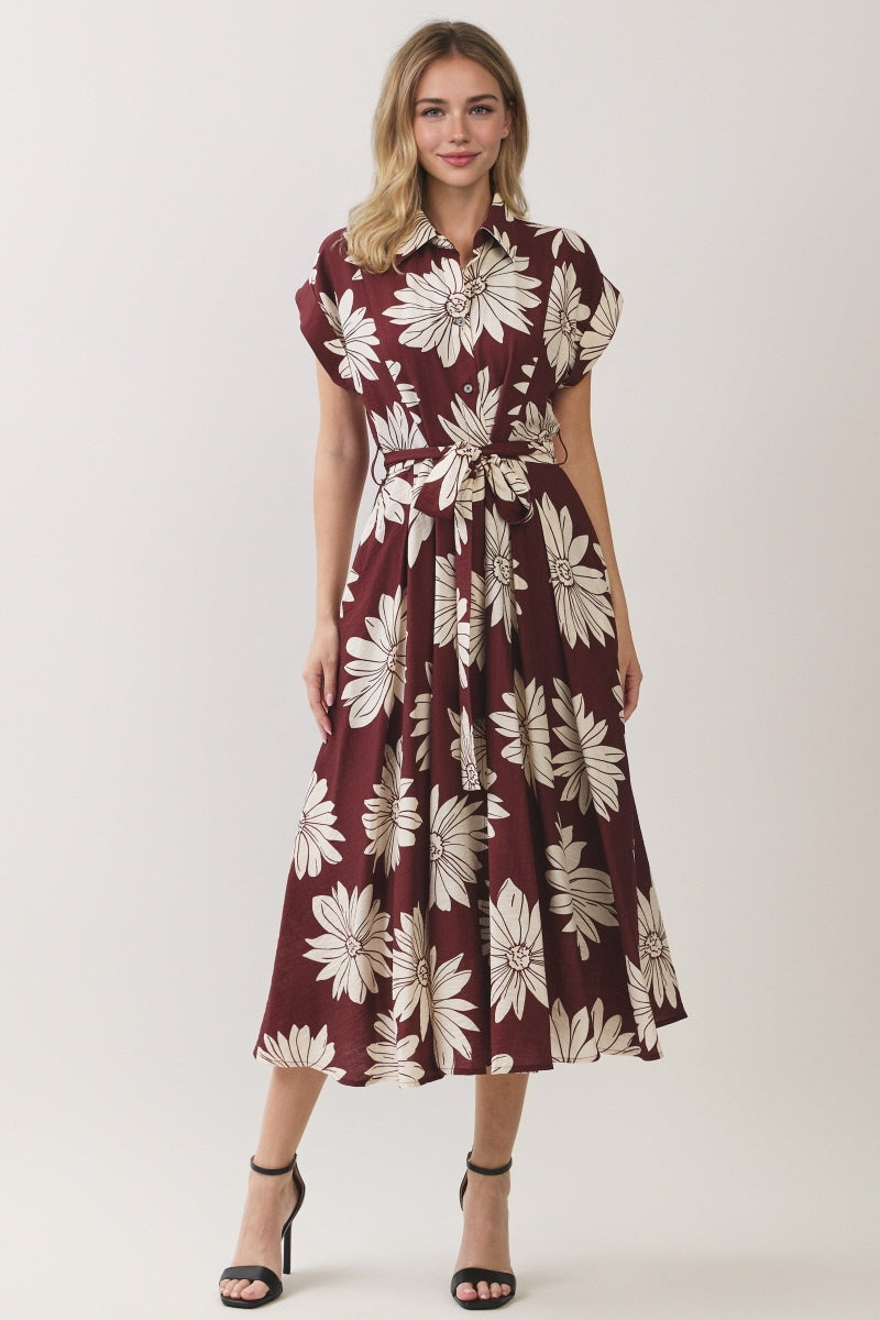 BIG FLORAL PRINTED BUTTON DOWN MIDI DRESS
