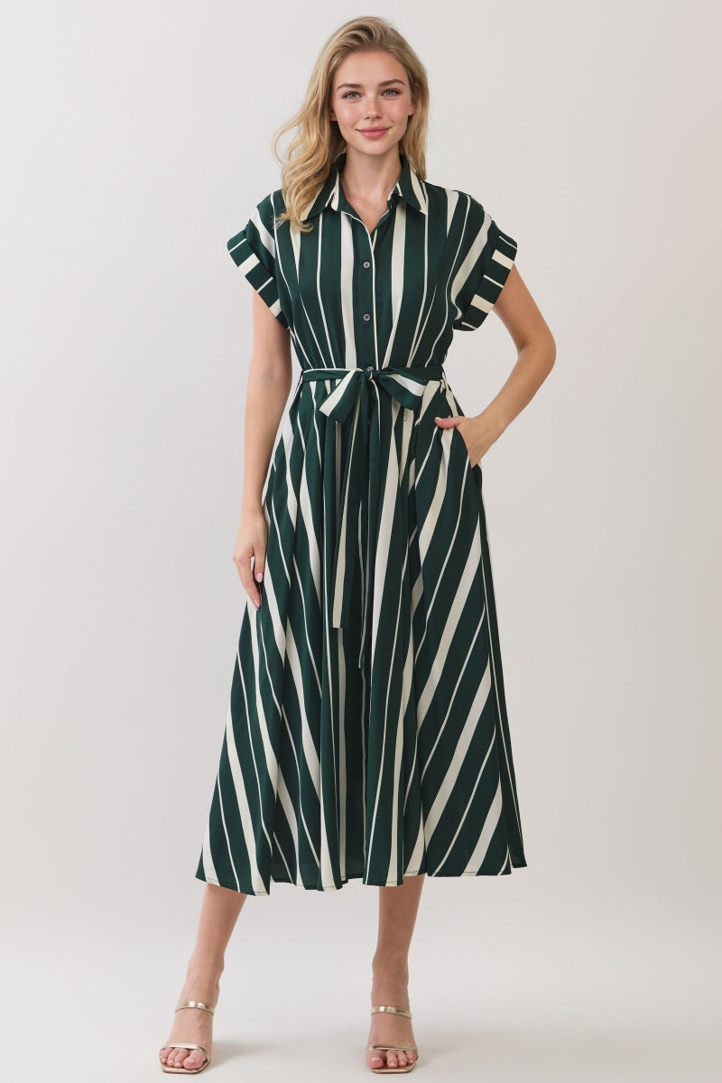 STRIPED WOVEN BUTTON DOWN MIDI DRESS