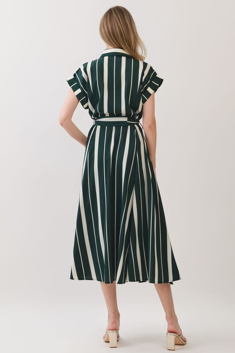 STRIPED WOVEN BUTTON DOWN MIDI DRESS