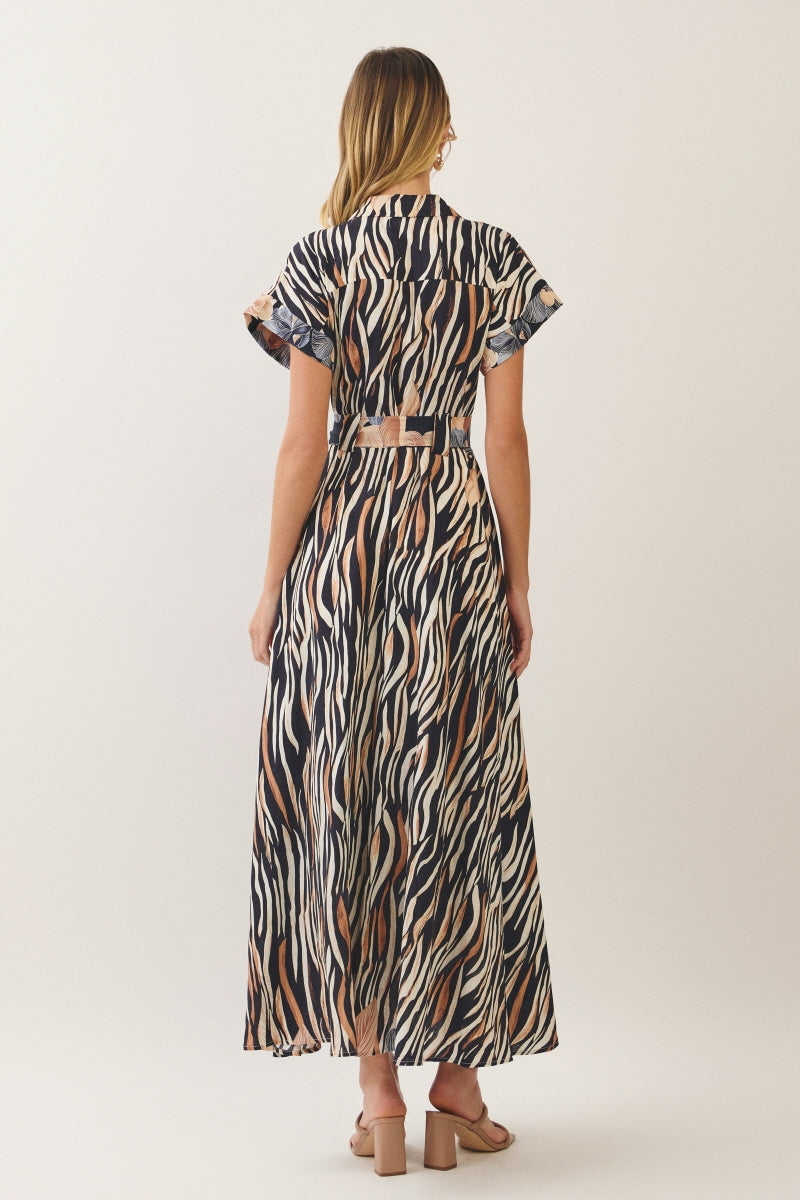 FLORAL BOARDER PRINTED BUTTON DOWN MAXI DRESS