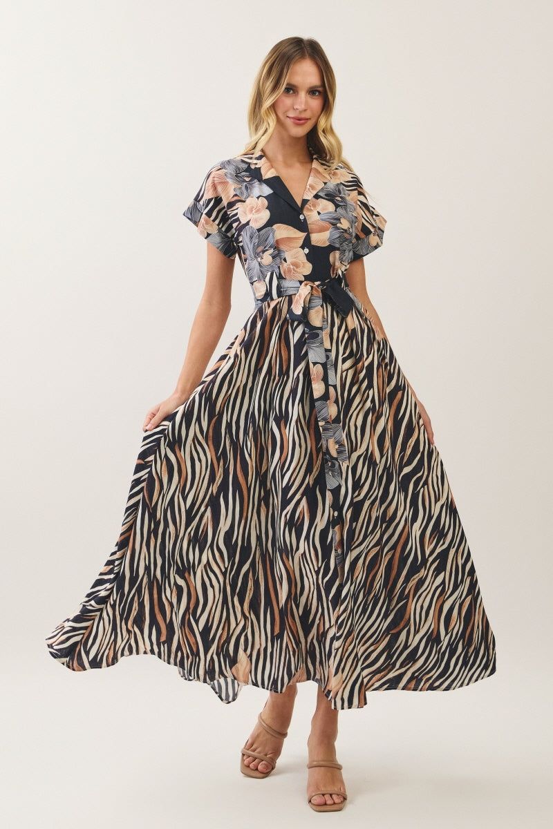 FLORAL BOARDER PRINTED BUTTON DOWN MAXI DRESS