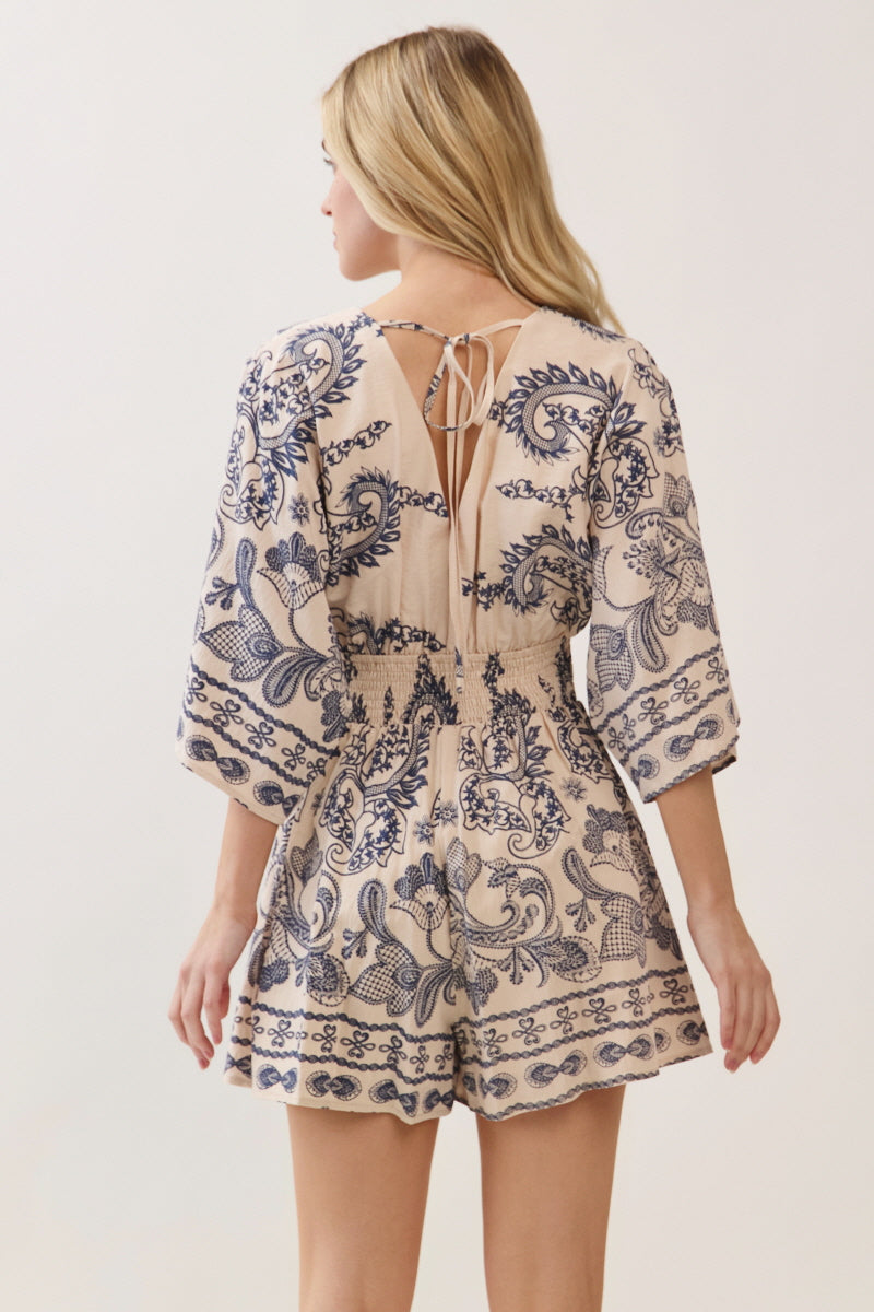 WOVEN DAMASK BOARDER PRINTED ROMPER