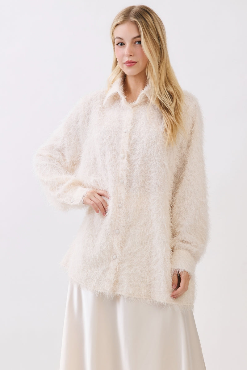 SOLID FUR TEXTURED FABRIC BUTTON DOWN SHIRT
