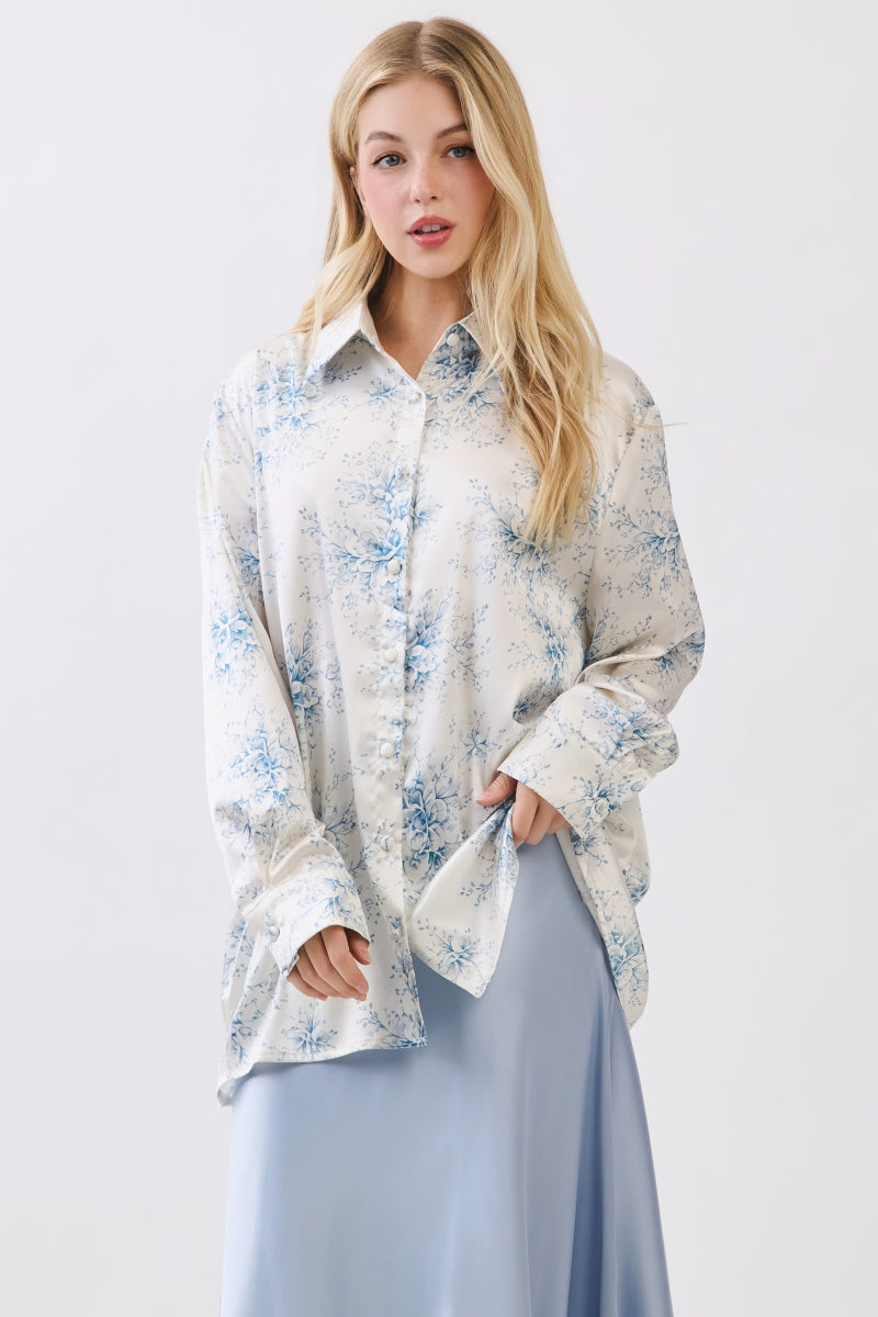 FLORAL SATIN BUTTON DOWN SHIRT