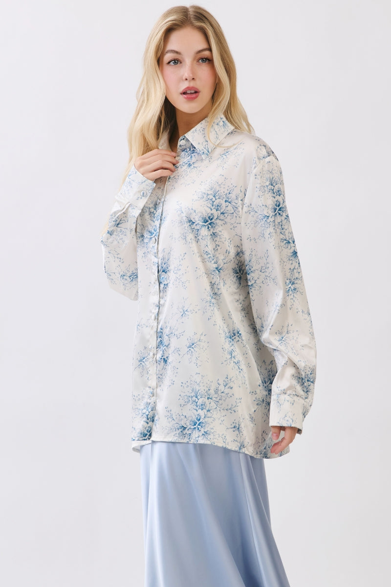 FLORAL SATIN BUTTON DOWN SHIRT